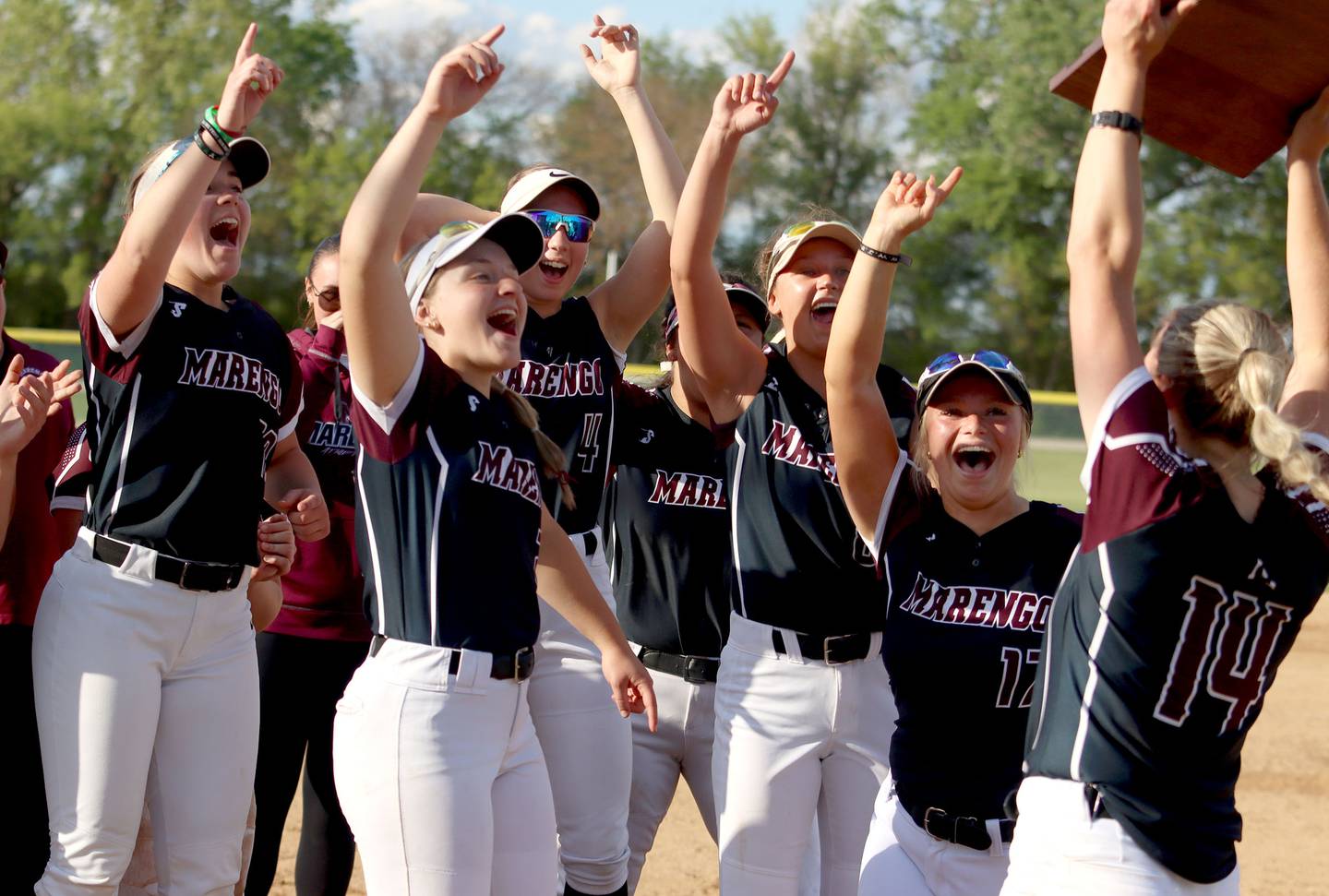 Marengo’s Indians celebrate a win over Aurora Central Catholic in IHSA Class 2A Regional Title Game action softball at Marengo High School in Marengo on Friday, May 23, 2025.