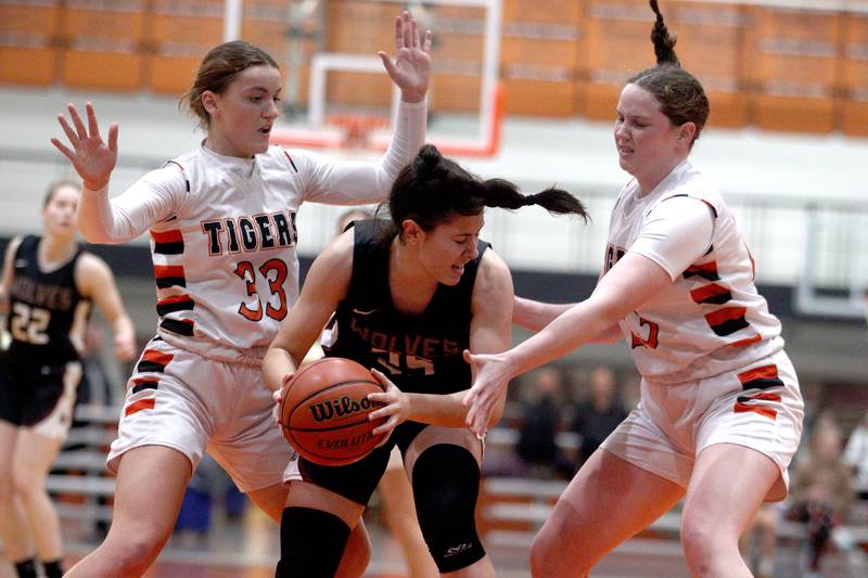Crystal Lake Central’s Kathryn Hamill, left, and Leah Spychala, right, battle Prairie Ridge’s Addison Meyer, center, in varsity girls basketball at Crystal Lake Central Tuesday.