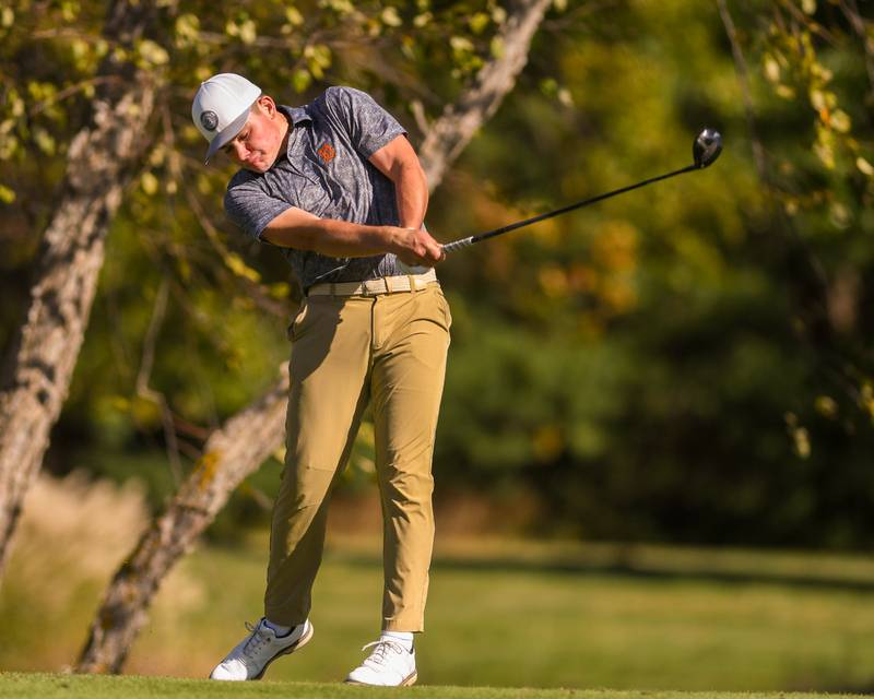 DeKalb's Jonah Keck tees off on Monday Oct. 7, 2024, during the 3A sectional match held at Blackberry Oaks Golf Course in Bristol.