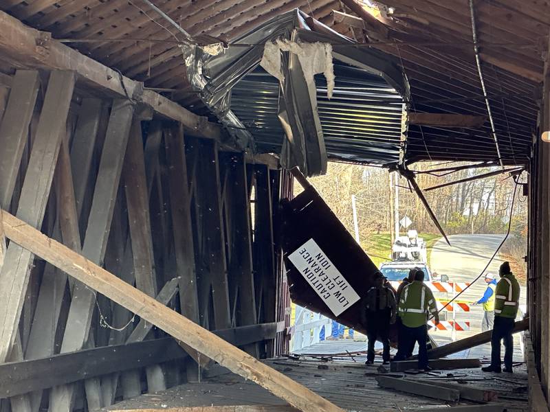 A view of the damage looking north at the Red Covered Bridge on Thursday, Nov. 16, 2023 in Princeton. Illinois Department of Transportation, Illinois State Police and Bureau County law enforcement surveyed the damage bridge after it was struck by a semi-truck.