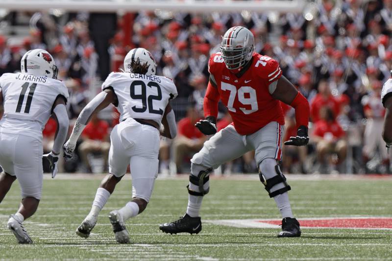 Ohio State offensive lineman Dawand Jones plays against Arkansas State during the 2022 season in Columbus, Ohio.