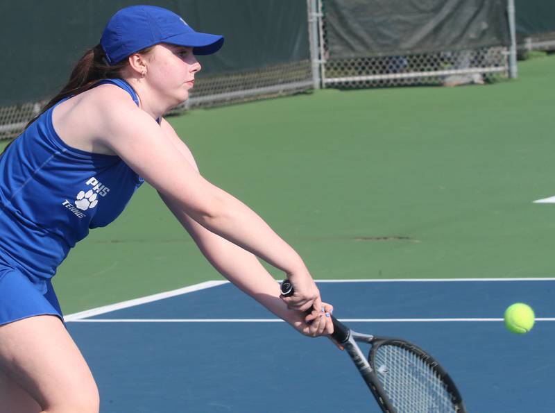 Princeton's Tessa Carlson returns a serve during the Class 1A girls tennis sectionals on Thursday, Oct. 16, 2025 at Ottawa High School.