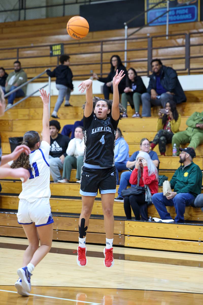 Kankakee's Maleah Harrison makes a three-pointer during the Kays' 75-28 victory over Rosary at the Reed-Custer Classic on Monday, Nov. 17, 2025.