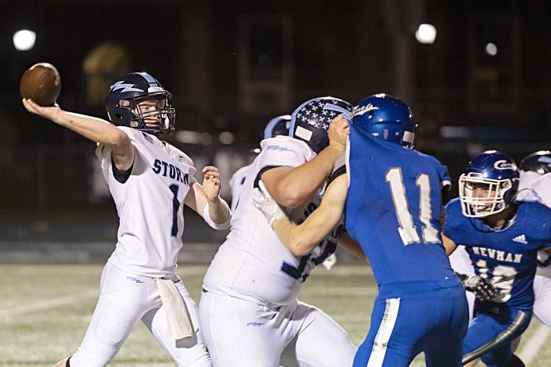 Bureau Valley’s Bryce Helms fires a pass Friday, Sept. 29, 2023 against Newman.