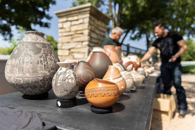 An array of Mata Ortiz Pottery available for sale during Barro Fest at Settlers' Park in Plainfield on July 27, 2024.