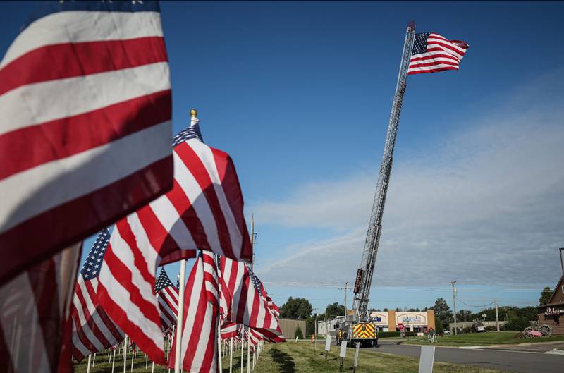 American flags pictured during a Sept. 11 anniversary ride in Woodstock Sept. 6, 2025.