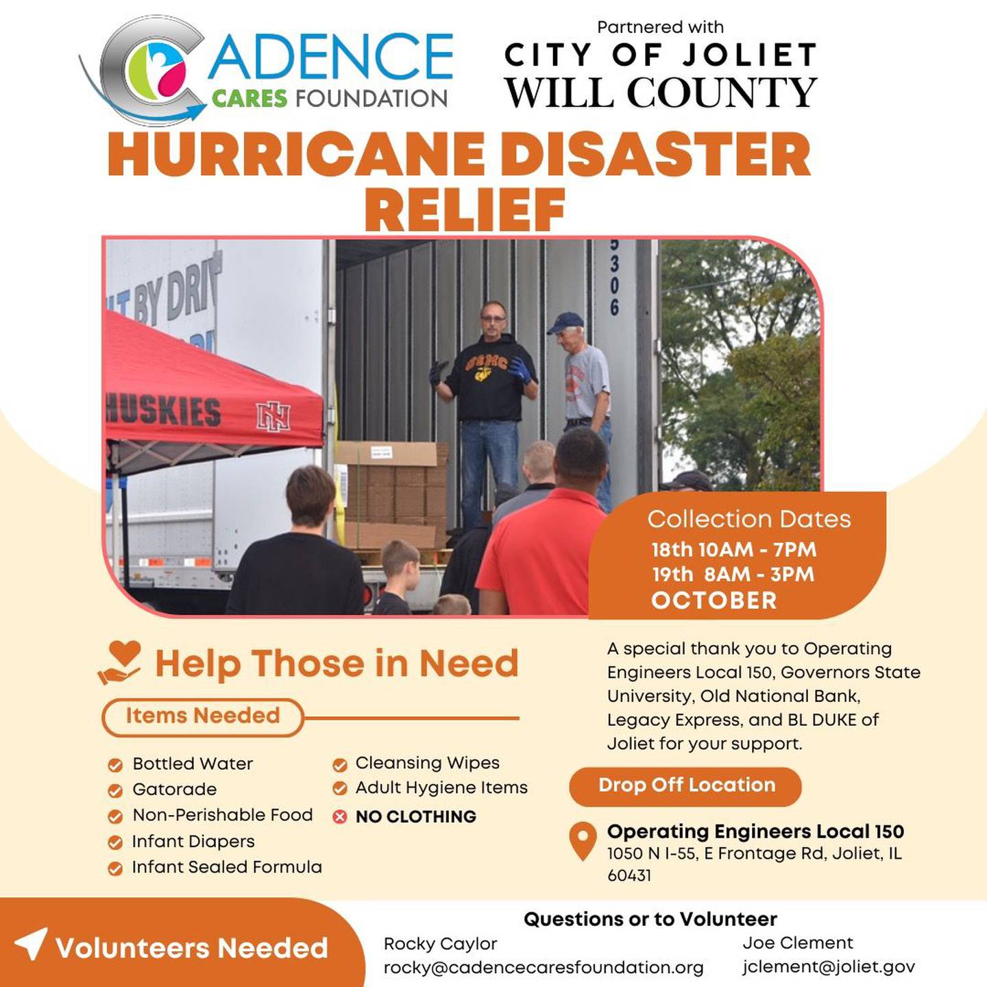 The City of Joliet, in conjunction with Cadence Cares Foundation will be hosting a donation drive to bring much needed supplies to victims of Hurricanes Helene and Milton.