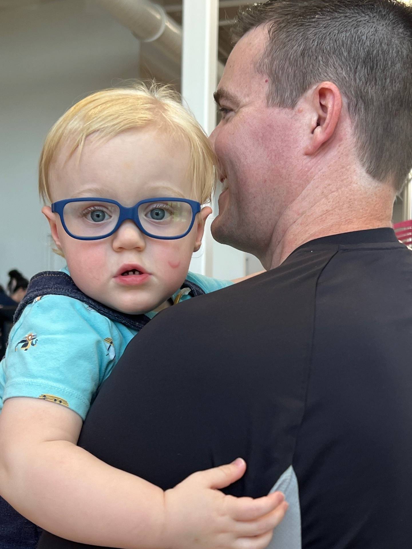 Seventeen-month-old Nathan Lythberg of New Lenox poses with his dad Shane Lythberg at the second reunion of graduates of the Amy, Matthew and Jay Vana Neonatal Intensive Care Unit and the babies’ immediate families on Sunday, Sept. 14, 2025 at the KidsWork Museum in New Lenox.