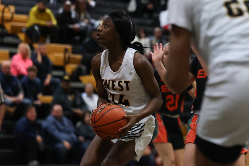 Joliet West’s Destiny McNair looks to take a shot against Plainfield East on Thursday, February 2nd.