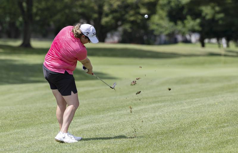 Kim Lester of Kishwaukee takes a shot towards the green on #6 Friday, July 11, 2025, during the 102nd annual Ladies Lincoln Highway golf tournament at Timber Creek Golf Club in Dixon.