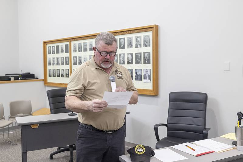 Mike Mills, commissioner of Veterans Memorial Park, reads a statement Monday, March 3, 2025, thanking Dixon and the Jefferson Barracks POW/MIA Museum for designating Dixon an official POW/MIA city.