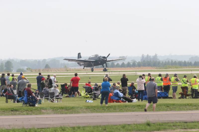 A TBM Avenger departs the runway during the TBM Avenger Reunion on Friday, May 19, 2023 at the Illinois Valley Regional Airport in Peru.