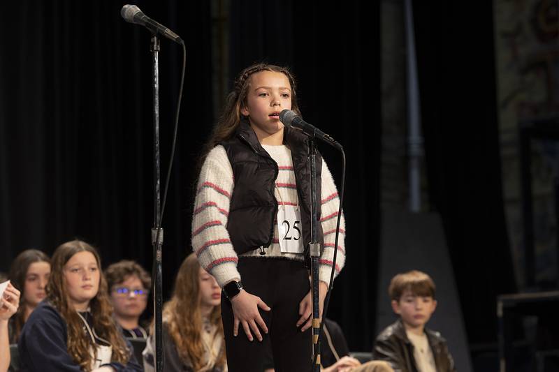 Tilton 5th grader Natalie Isley competes Thursday, Feb. 21, 2024 at the Lee-Ogle-Whiteside regional spelling bee. Isley missed on the word “cicada” in round seven.