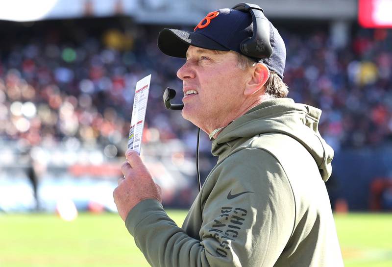 Chicago Bears head coach Matt Eberflus watches a reply during their game against the Lions Sunday, Nov. 13, 2022, at Soldier Field in Chicago.