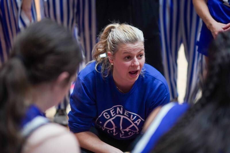 Geneva assistant coach Lindsey Roscoe talks to her team during break in play against Batavia during a basketball game at Batavia High School on Friday, Jan 26, 2024.