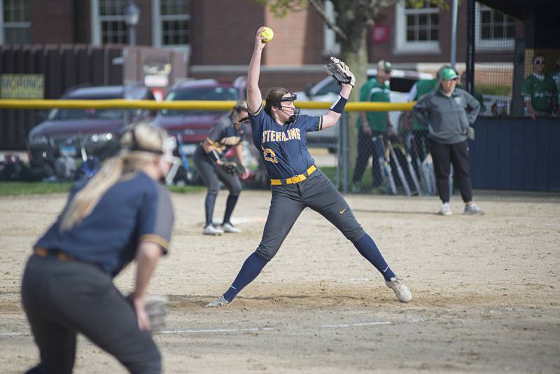 Sterling’s Sienna Stingley fires a pitch against Geneseo Wednesday, May 4, 2022.