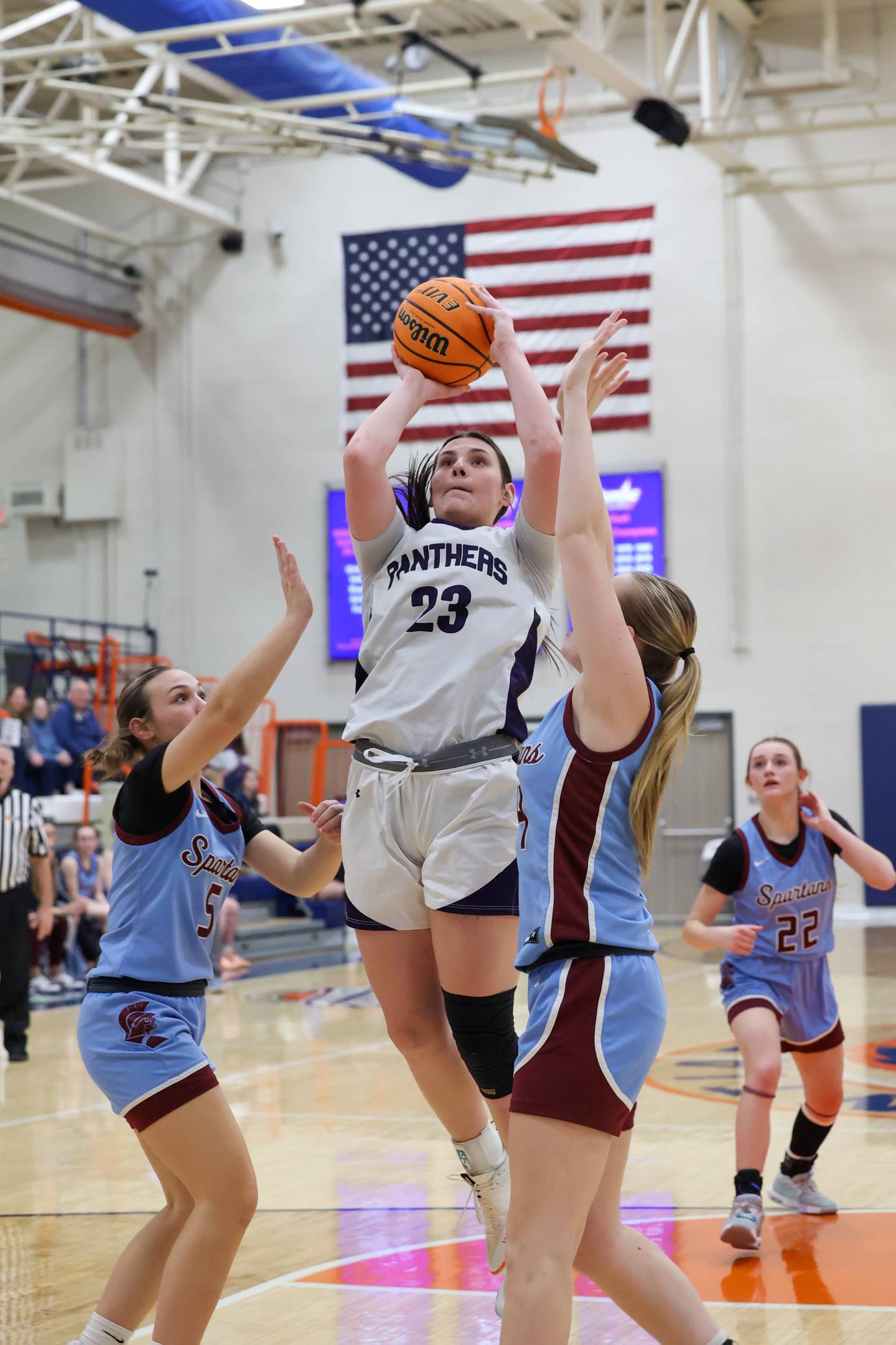 Manteno’s Maddie Gesky goes up for a shot under pressure during the Panthers’ 44-23 victory over St. Joseph-Ogden in the IHSA Class 2A Pontiac Sectional semifinal on Tuesday, Feb. 24, 2026, at Pontiac Township High School.