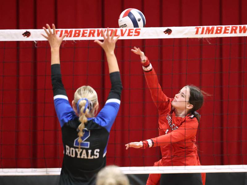 Indian Creek's Abby Keilman tries to spike the ball by Hinckley-Big Rock's Anna Herrmann during their match Tuesday, Sept. 9, 2025, at Indian Creek High School in Shabbona.