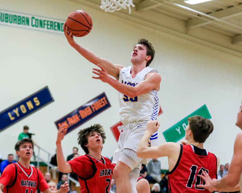 Lyons Niklas Polonowski (35) goes in for a layup during the Jack Tosh Holiday Classic basketball game between Lyons at Batavia.  Dec 26, 2022.