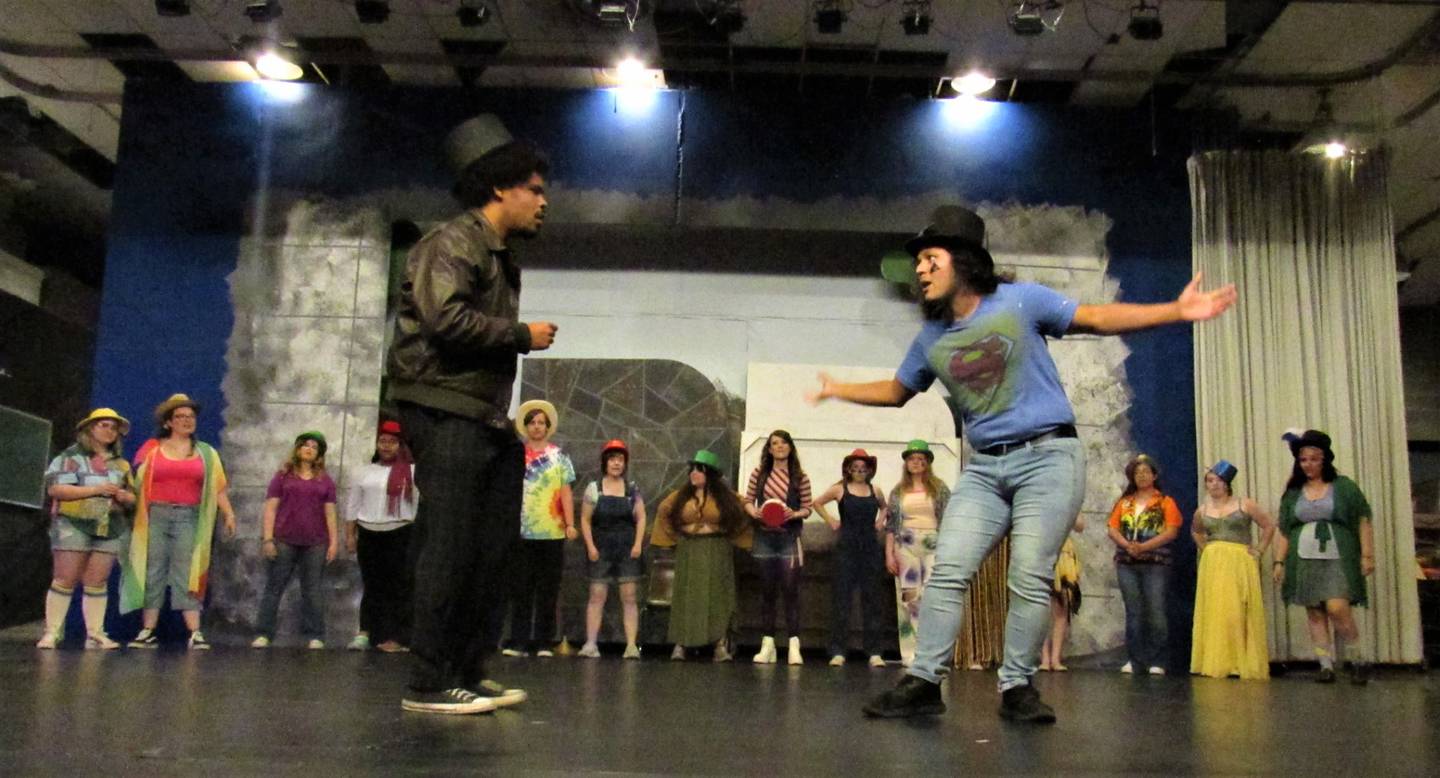 The Billie Limacher Bicentennial Park Theatre in Joliet will present the 1970s hit musical "Godspell" from June 16 through June 18 and June 23 through June 25. Pictured is saiah Sanchez (John the Baptist and Judas, left) and Chris Tinoco (Jesus, right).