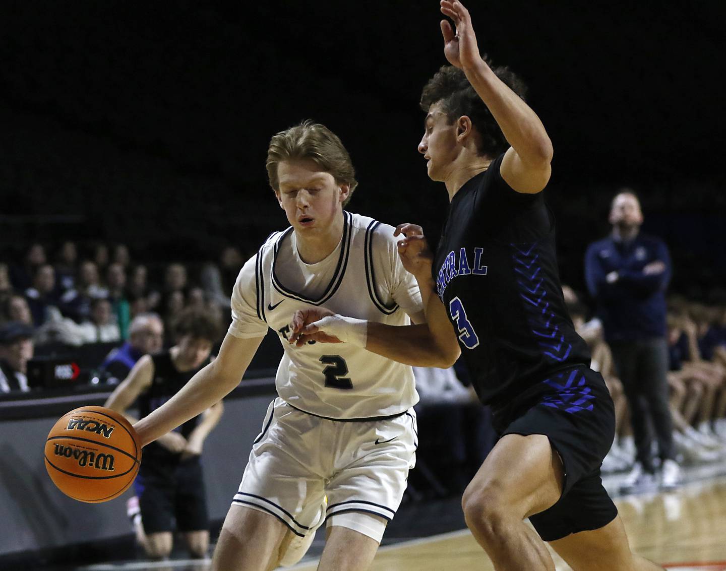 Cary-Grove's AJ Berndt brings the ball up the court against Burlington Central's LJ Kerr during a Fox Valley Conference basketball game on Tuesday, Jan. 14, 2025, at Now Arena in Hoffman Estates.