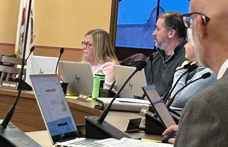 Ogle County Board member Marcia Heuer (center) spoke against a special use permit for a solar project southeast of Polo during the Tuesday, Feb. 18, 2025 county board meeting.