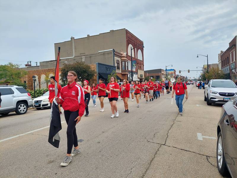 Streator High School marching band makes its way through downtown Streator during the homecoming parade on Friday, Sept. 22, 2023.