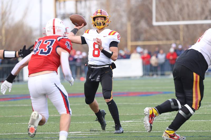 Batavia's Michael Vander Luitgaren passes against St. Rita in the Class 7A state semifinal on Saturday, Nov. 22, 2025 in Chicago.