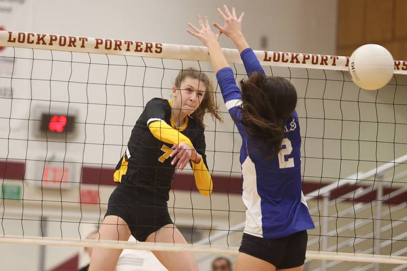 Joliet West’s Gabrielle Piazza powers a shot against Sandburg in the in the Class 4A Lockport Sectional title match on Wednesday.
