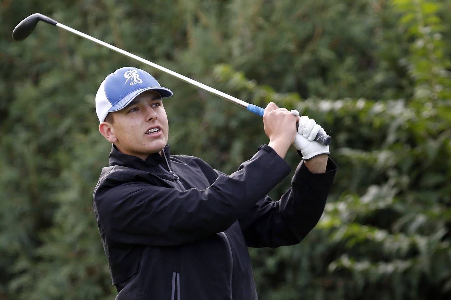 Burlington Central's Tyson Malak tees off on the first hole in the boys FVC golf tournament at Pinecrest Golf Club on Thursday, Sept. 23, 2021 in Huntley.