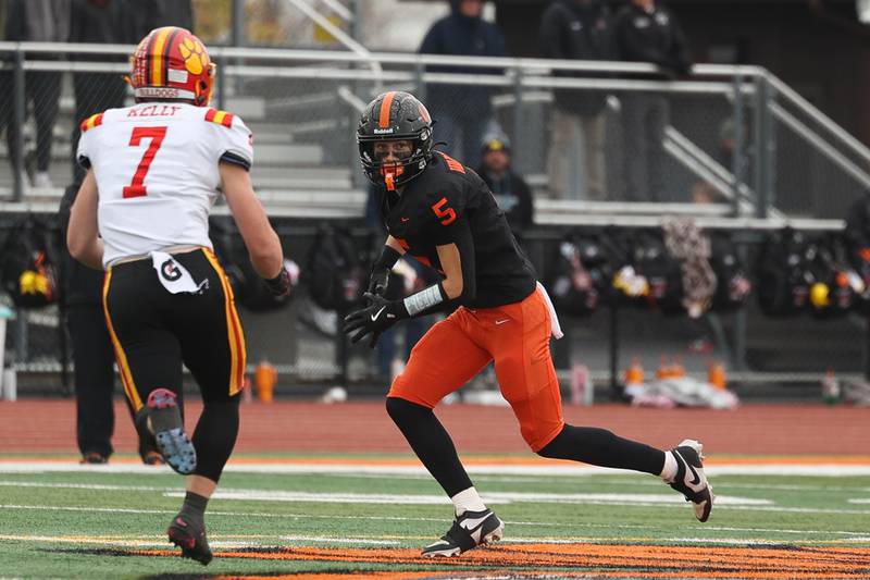 Lincoln-Way West’s Chase Markowicz looks to lock the Batavia receiver on Saturday, Nov. 9, 2024 in New Lenox.