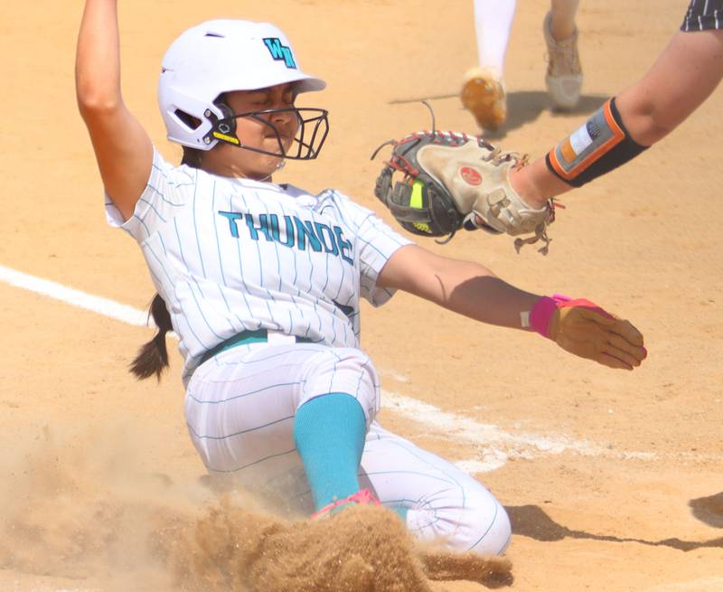 Woodstock North’s Hailey Campos is out at home against Crystal Lake Central in IHSA Class 3A Regional Title Game softball action on Saturday, May 23, 2026 at Crystal Lake Central High School in Crystal Lake.