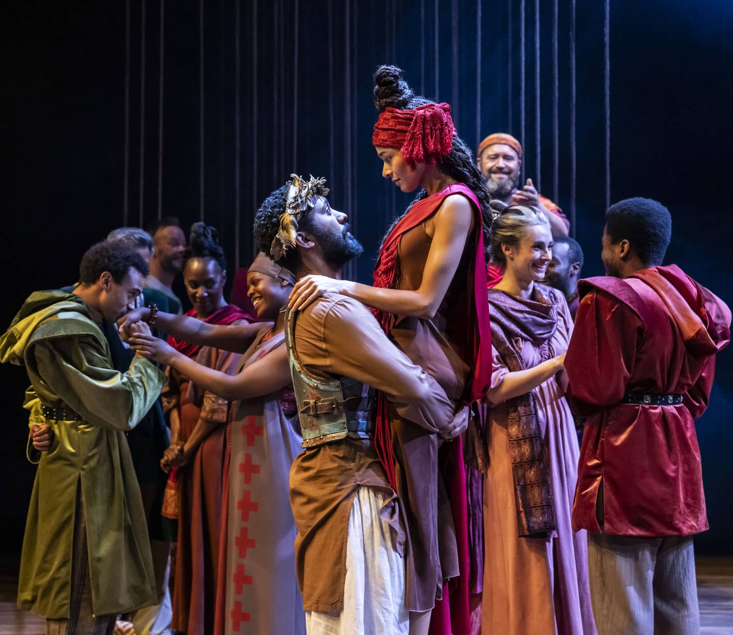 Zach Wyatt as Pericles, Leah Haile as Thaisa, and the company of the
Royal Shakespeare Company’s Pericles. Directed by RSC co-artistic director
Tamara Harvey and running in Chicago Shakespeare’s Courtyard Theater October
20-December 7, 2024. Photo by Johan Persson.