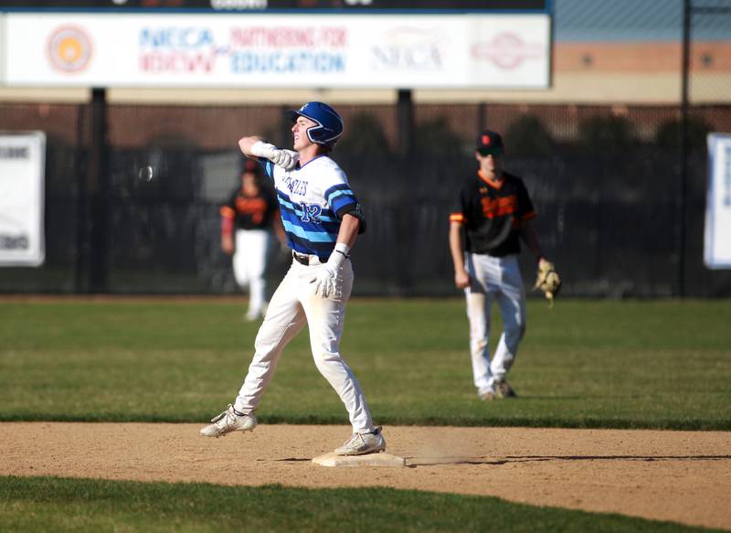 St. Charles North’s Jake Kujak celebrates a double during a game against Batavia at St. Charles North on Monday, April 15, 2024.