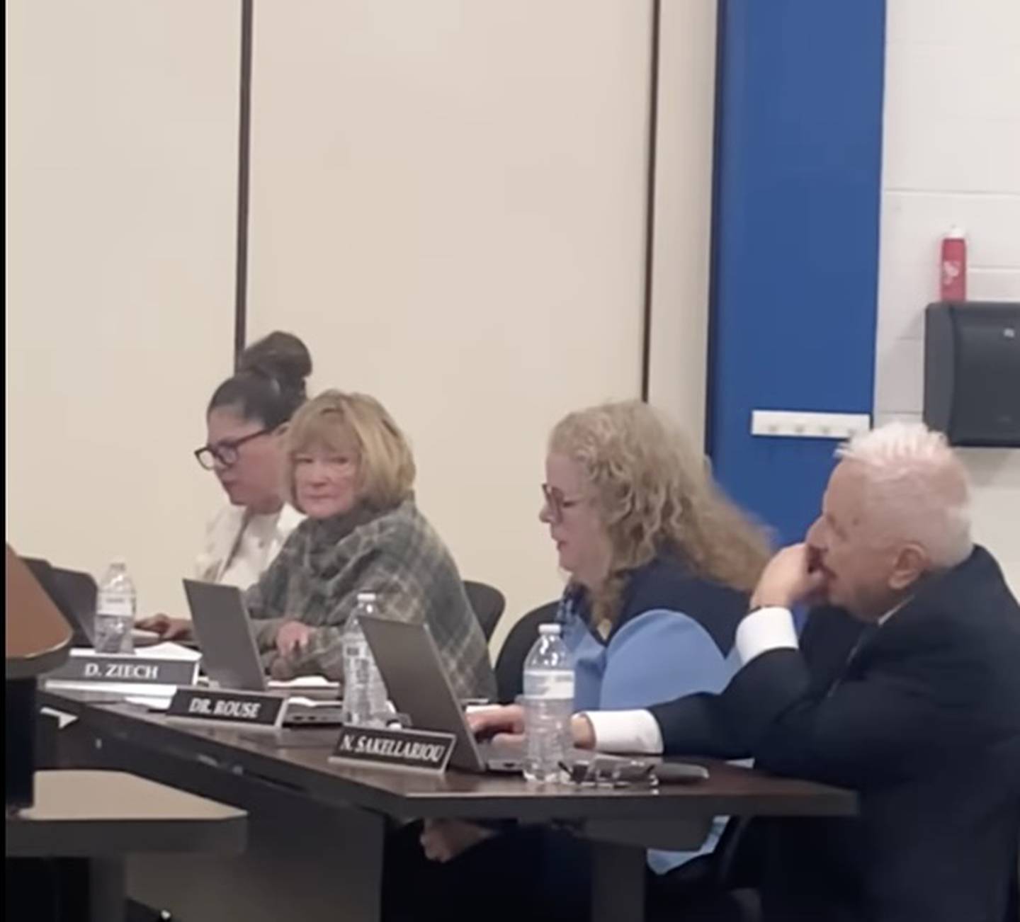 Joliet Public Schools District 86 Superintendent Dr. Theresa Rouse (third from left) and members of the district's Board of School Inspectors address the public following the vote on Wednesday Feb. 11, 2026 to close A.O. Marshall school after the 2025-26 school year.