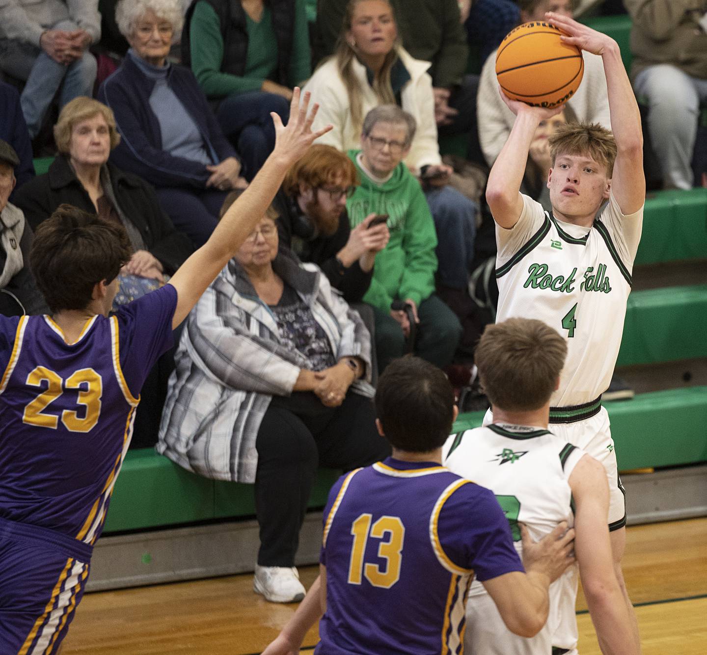 Rock Falls’ Connor South puts up a three against Mendota Monday, Dec. 15, 2025.