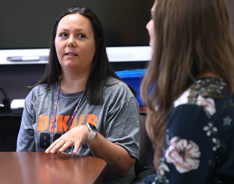 Kristin Perez, (left) a certified school nurse in DeKalb School District 428, and Stephanie Condon, the district's nursing manager, talk Monday Sept. 22, 2025, at Brooks Elementary School, about how it was dealing with the COVID-19 pandemic when students returned to school and how they feel the district would handle a future health crisis.