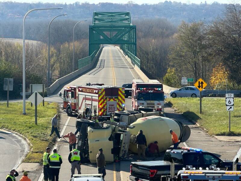 Emergency crews responded Wednesday, Nov. 15, 2023, to an overturned cement truck on Route 251 near the U.S. 6 interchange in Peru.