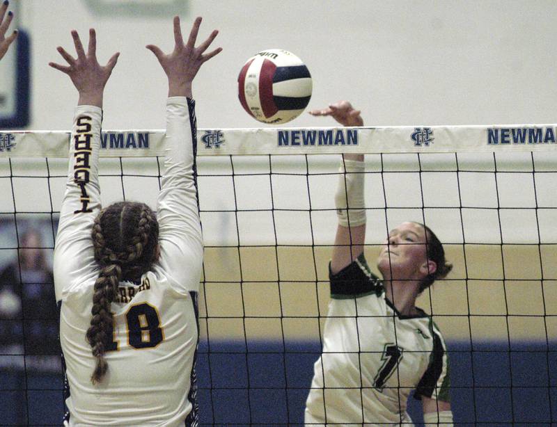RF's Kacie Witherow hits a ball past Sherrard player Michela Brown. Rock Falls took on Sherrard in the Class 2A regional volleyball semifinal Tuesday, Oct. 29, 2024 at Newman High School.