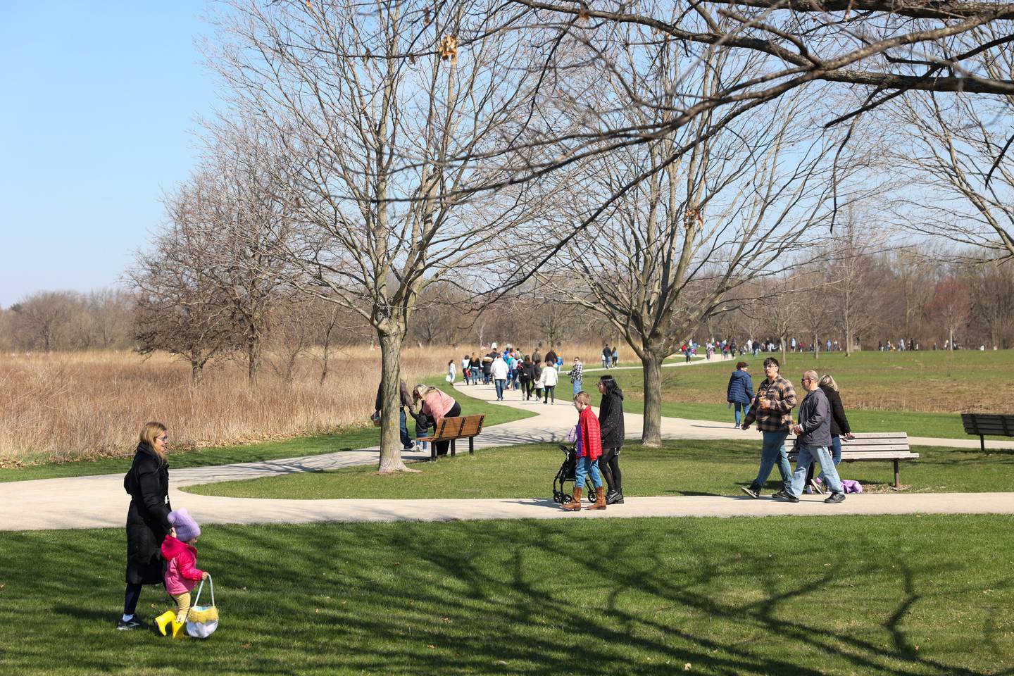Participants walk the trails in search of plastic Easter eggs at Perry Farm Park during the annual Easter Egg Hunt on Saturday, April 12, 2025.