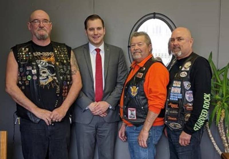 Starved Rock and Open Roads Chapter members met with with David Welter, Republican member of the Illinois House of Representatives representing the 75th district (parts of Grundy, Kendall, LaSalle, and Will Counties) during ABATE of Illinois, Inc. Legislative Day. Pictured from left are Sam Mataya (Open Roads ABATE), Representative David Welter, Shane Bice (Starved Rock ABATE), and Dan Kleckner (Starved Rock ABATE).