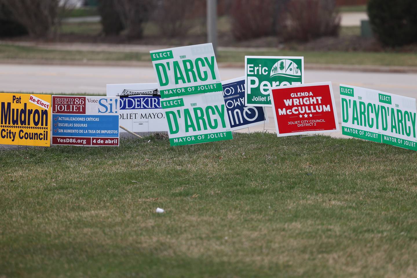 Candidate campaign signs sit roadside at the American Legion Post 1080 on Tuesday, April 4, 2023 in Joliet.