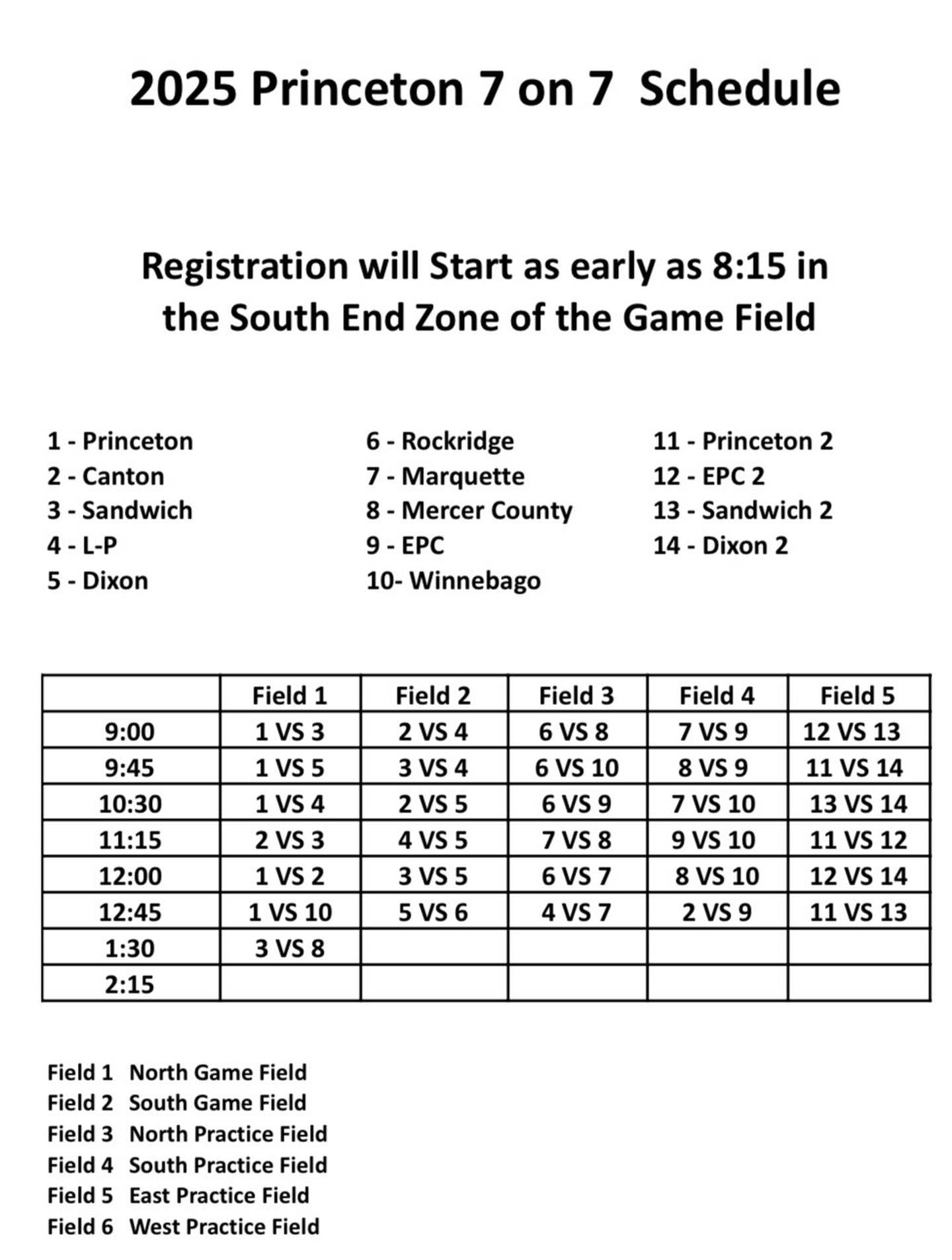The revised schedule for the 2025 Princeton 7-on-7, July 16.