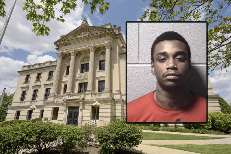 Ramon Fisher, 23, of the 1000 block of Crane Drive, pleaded guilty Monday, Feb. 6, 2022 to injuring one person in a February 2022 shooting and in return was sentenced by a DeKalb County judge to 10 years in prison. (Inset photo provided by DeKalb County Jail, Shaw Local file photo of courthouse)