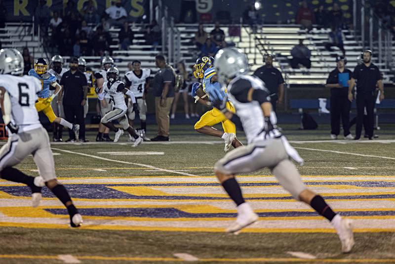 Sterling’s Kaedon Phillips run in an 80 yard touchdown pass reception against Galesburg Thursday, Sept. 14, 2023 at Sterling High School.