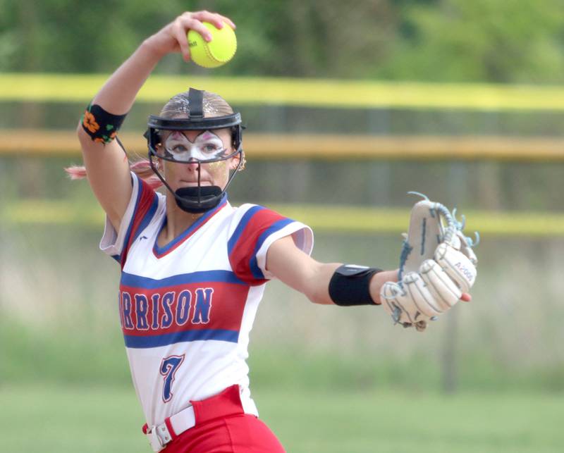 Morrison’s Bella Duncan delivers against Marengo in IHSA Class 2A Sectional Semifinal softball action at Marian Central High School in Woodstock on Thursday, May 29, 2025.