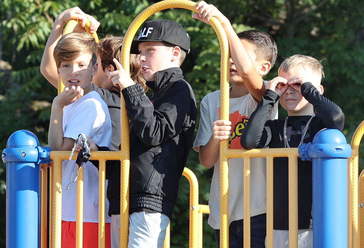 Students spot their friends from the top of the playground Wednesday, Aug. 17, 2022, on the first day of school at North Elementary in Sycamore.