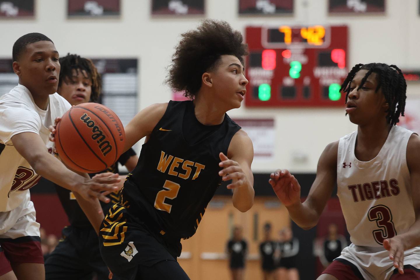 Joliet West’s Corey Nobles drives along the baseline against Plainfield North on Friday, Dec.15th, 2023 in Plainfield.