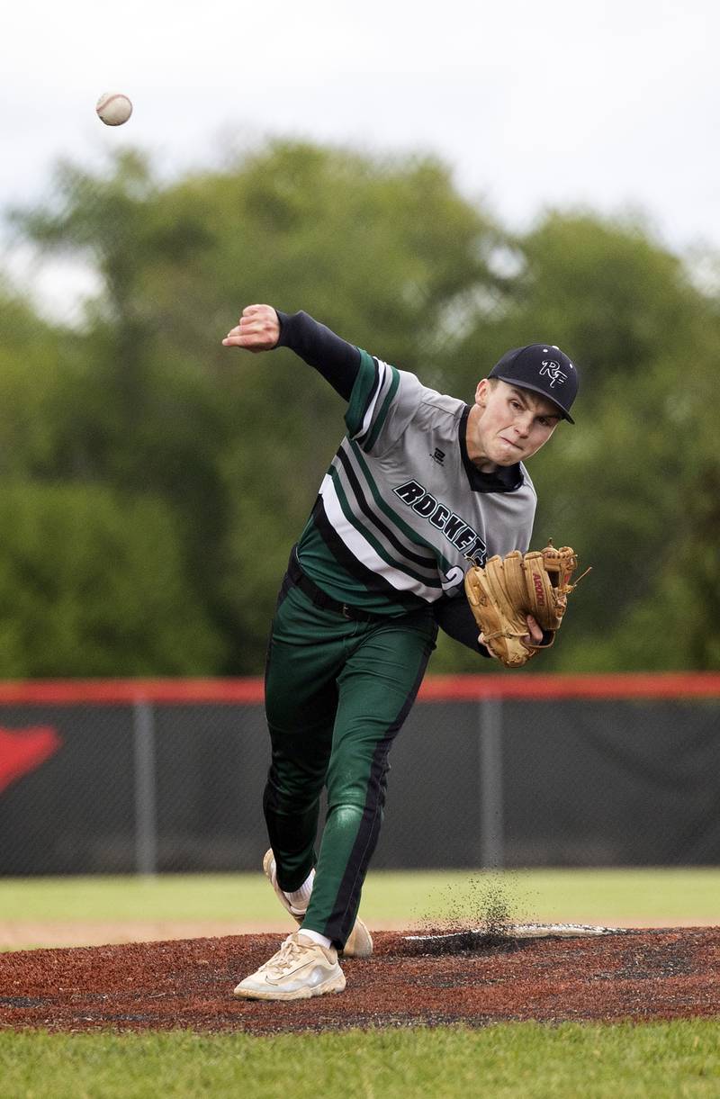 Rock Falls’ Ethan Mathews fires a pitch against Oregon in the Stillman Valley Class 2A Regional semifinal Thursday, May 22, 2025.