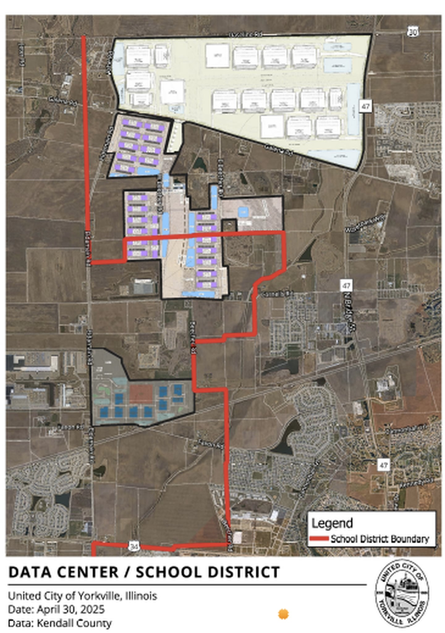 Pictured is the boundary between the Plano School District 88 (to the left of the red line) and the Yorkville School District 115 (right of the red line). A significant amount of property taxes generated from data centers along the Eldamain Corridor fall within the Plano 88 district.